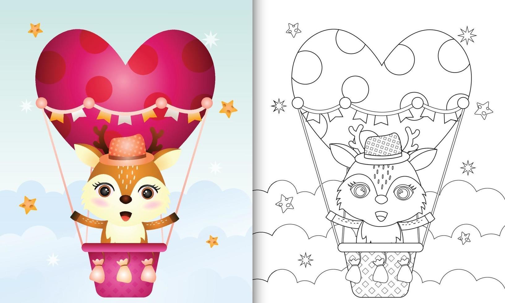 målarbok för barn med en söt hjort på varmluftsballong älskar alla hjärtans dag vektor