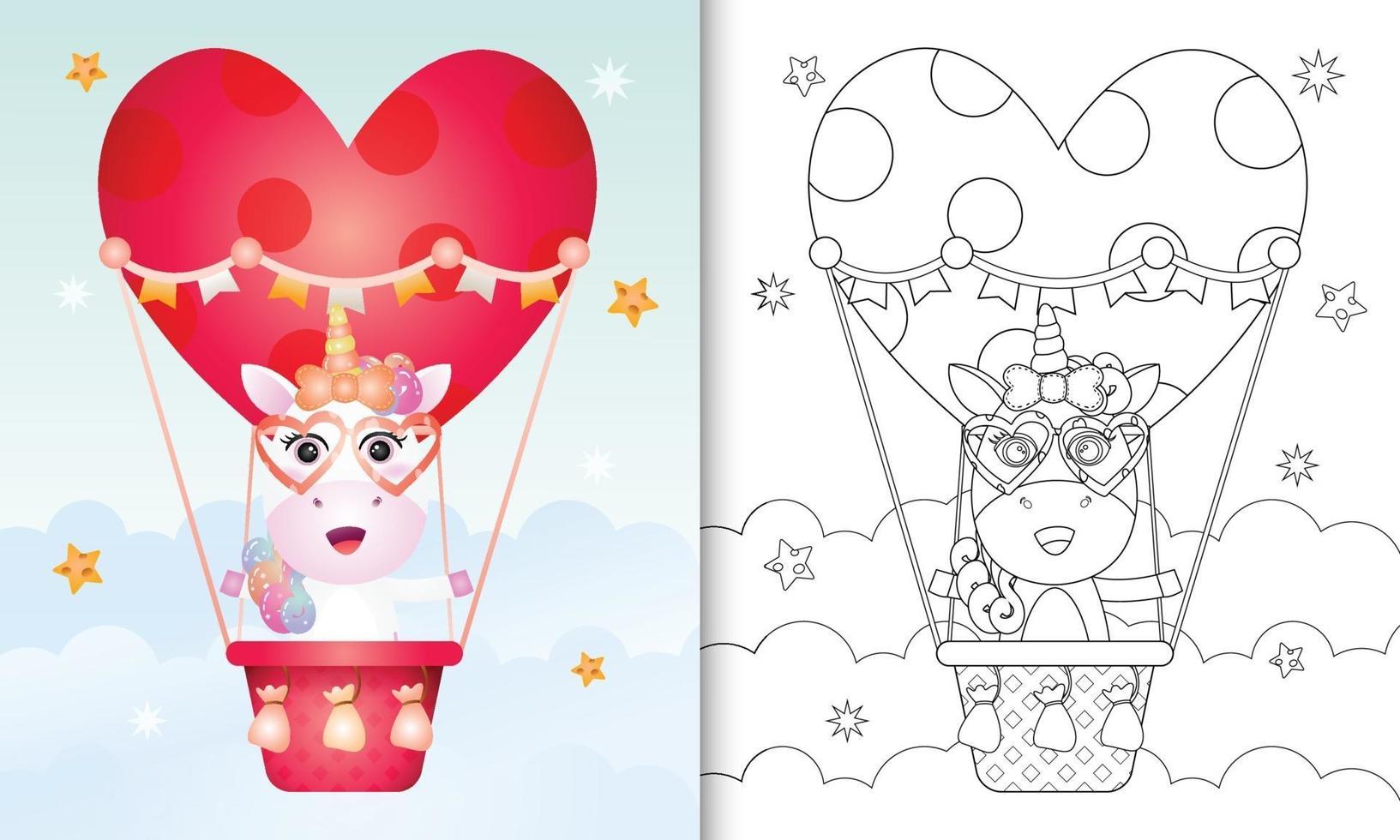 Malbuch für Kinder mit einer niedlichen Einhornfrau auf Heißluftballon lieben themenorientierten Valentinstag vektor