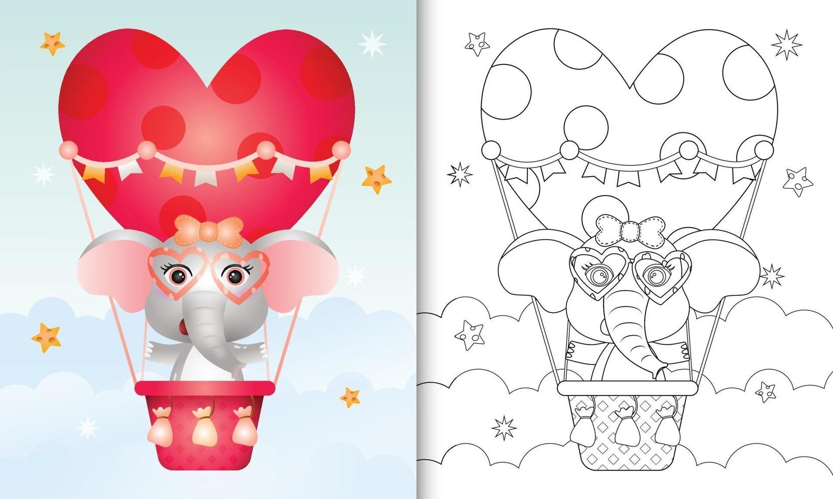 målarbok för barn med en söt elefanthona på varmluftsballong älskar alla hjärtans dag vektor