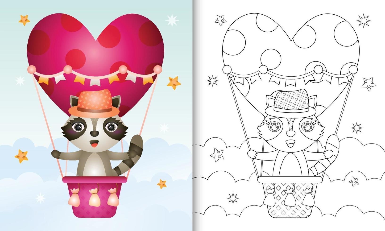 målarbok för barn med en söt tvättbjörnhane på varmluftsballong älskar alla hjärtans dag vektor
