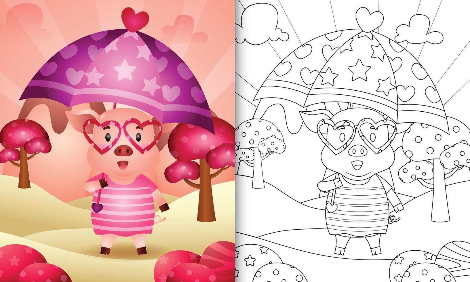 Malbuch für Kinder mit einem niedlichen Schwein, das Regenschirm themenorientierten Valentinstag hält vektor