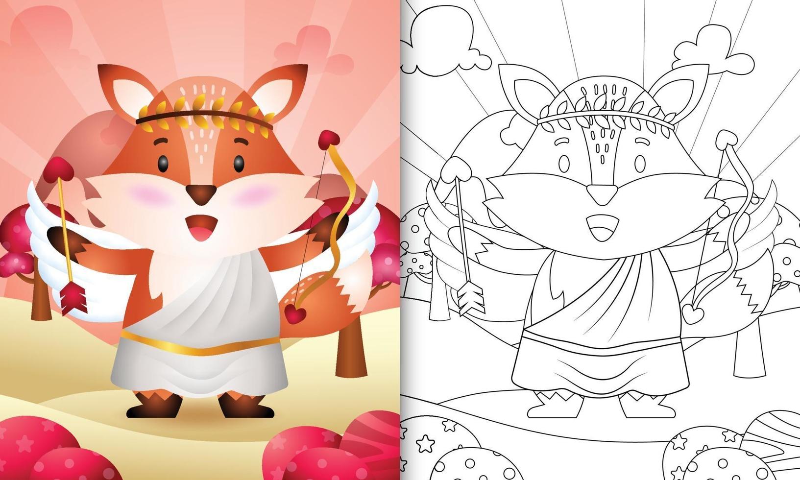 Malbuch für Kinder mit einem niedlichen Fuchs Engel mit Amor Kostüm Themen Valentinstag vektor