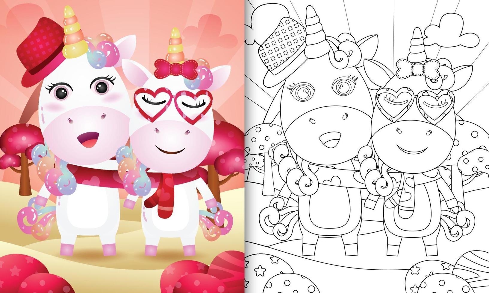 Malbuch für Kinder mit niedlichen Valentinstag Einhorn Paar illustriert vektor