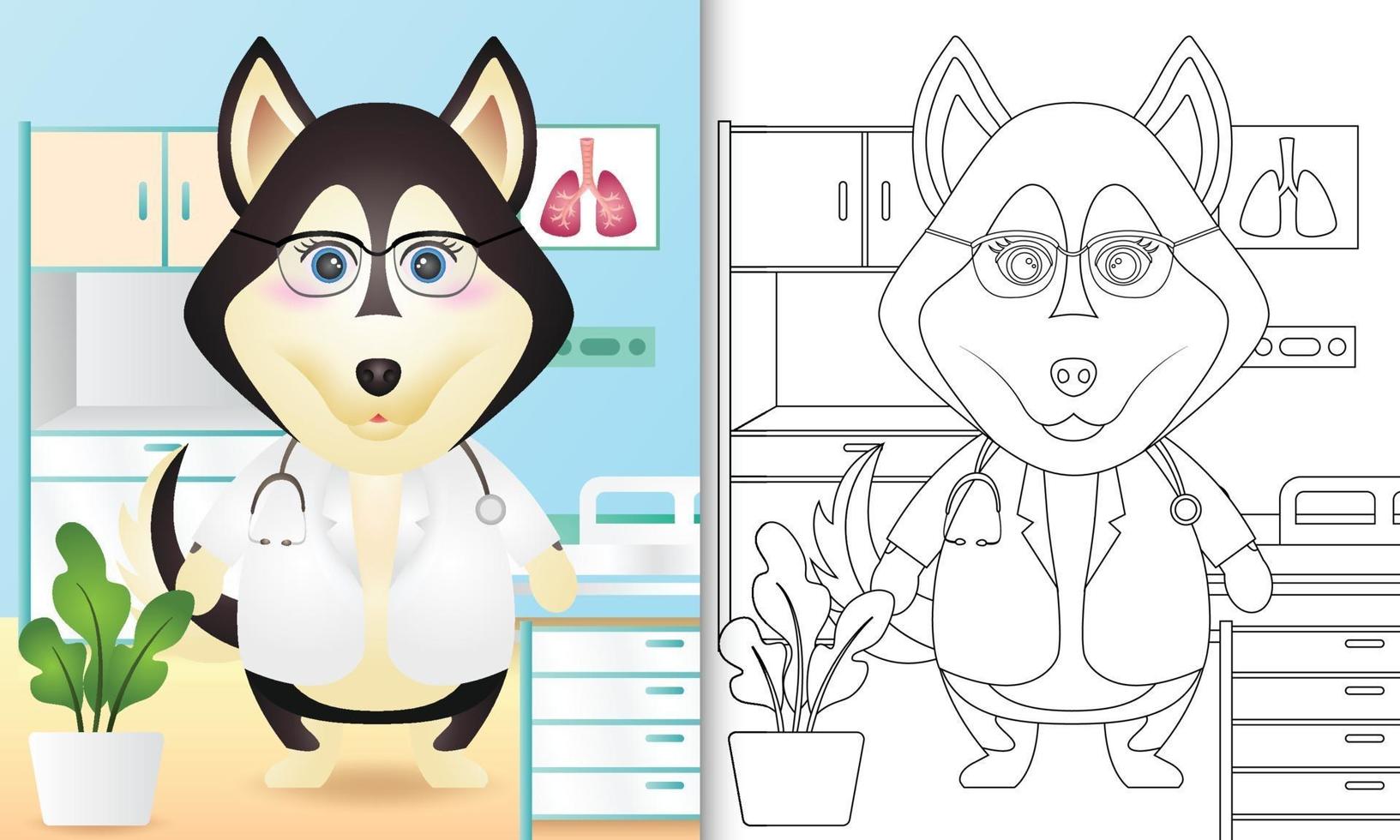 målarbok för barn med en söt husky hund läkare karaktär illustration vektor