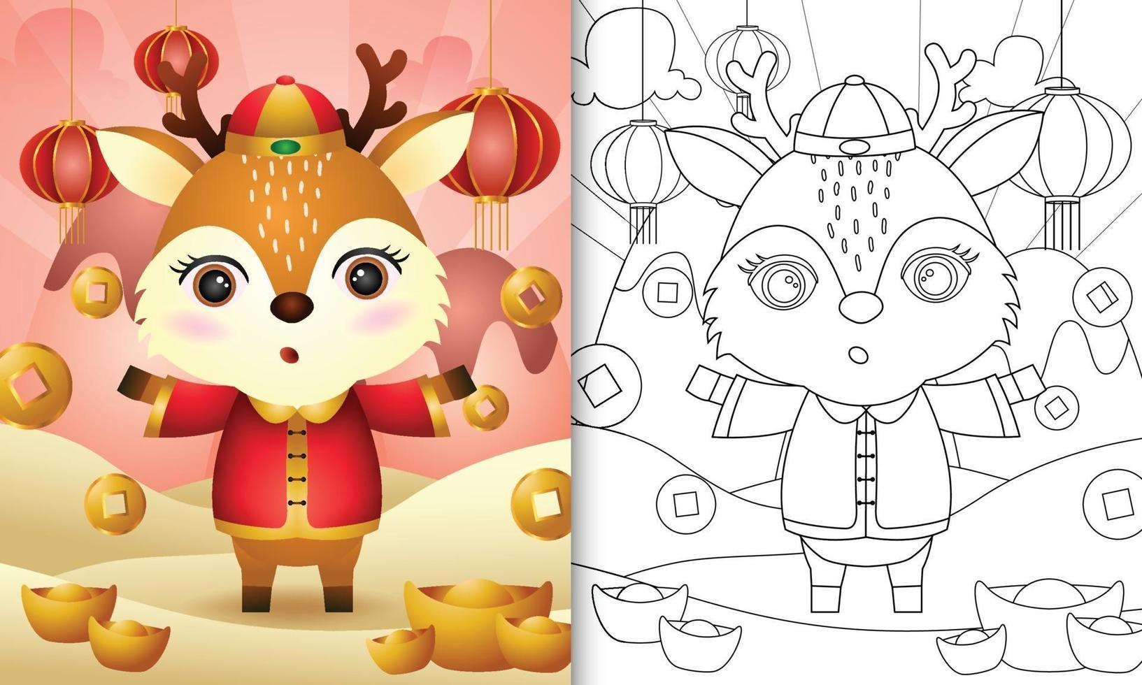 målarbok för barn med en söt hjort som använder kinesiska traditionella kläder med tema månårsnytt vektor
