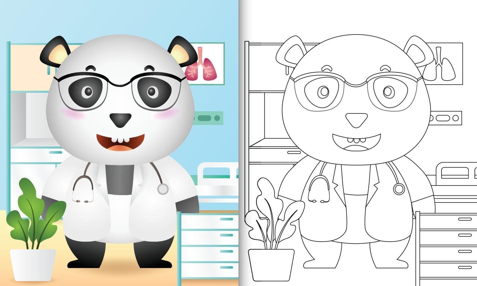 Malbuch für Kinder mit einer niedlichen Panda Doktor Charakterillustration vektor