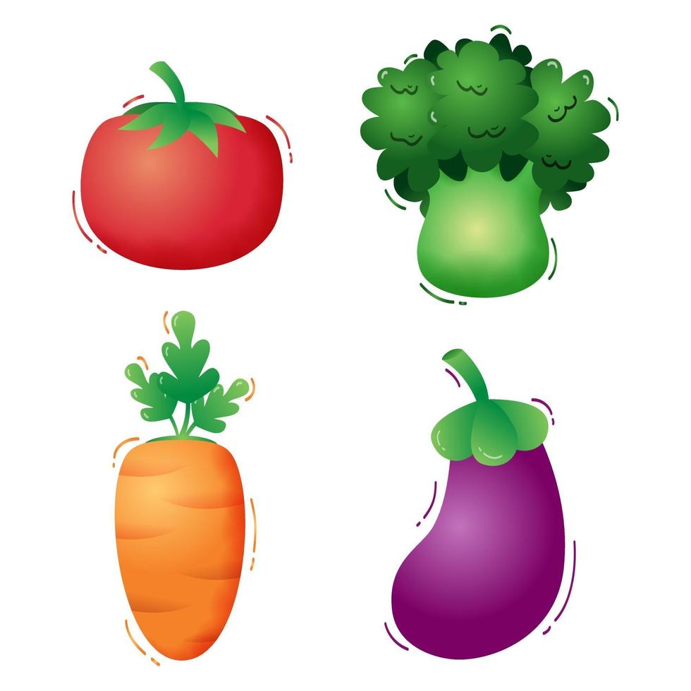 grönsakssamling tomat, broccoli, morot och aubergine. vektor illustration