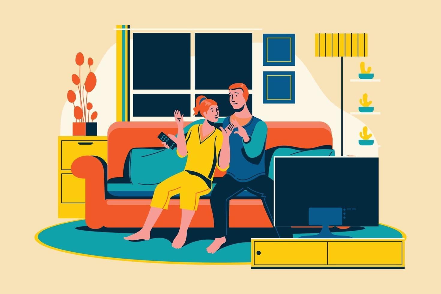 Ein junges Paar, das sich im Wohnzimmer mit einem Fernseher ausruht vektor