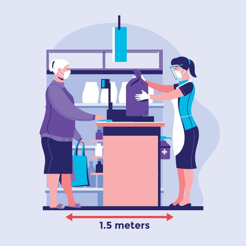 social distansering säker livsmedelsbutik under coronavirus covid-19 förebyggande vektorillustration koncept vektor