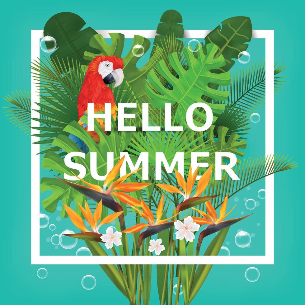 Hallo Sommer- Hintergrund mit tropisch Pflanzen und Blumen. zum typografisch, Banner, Poster, Party Einladung. Vektor Illustration