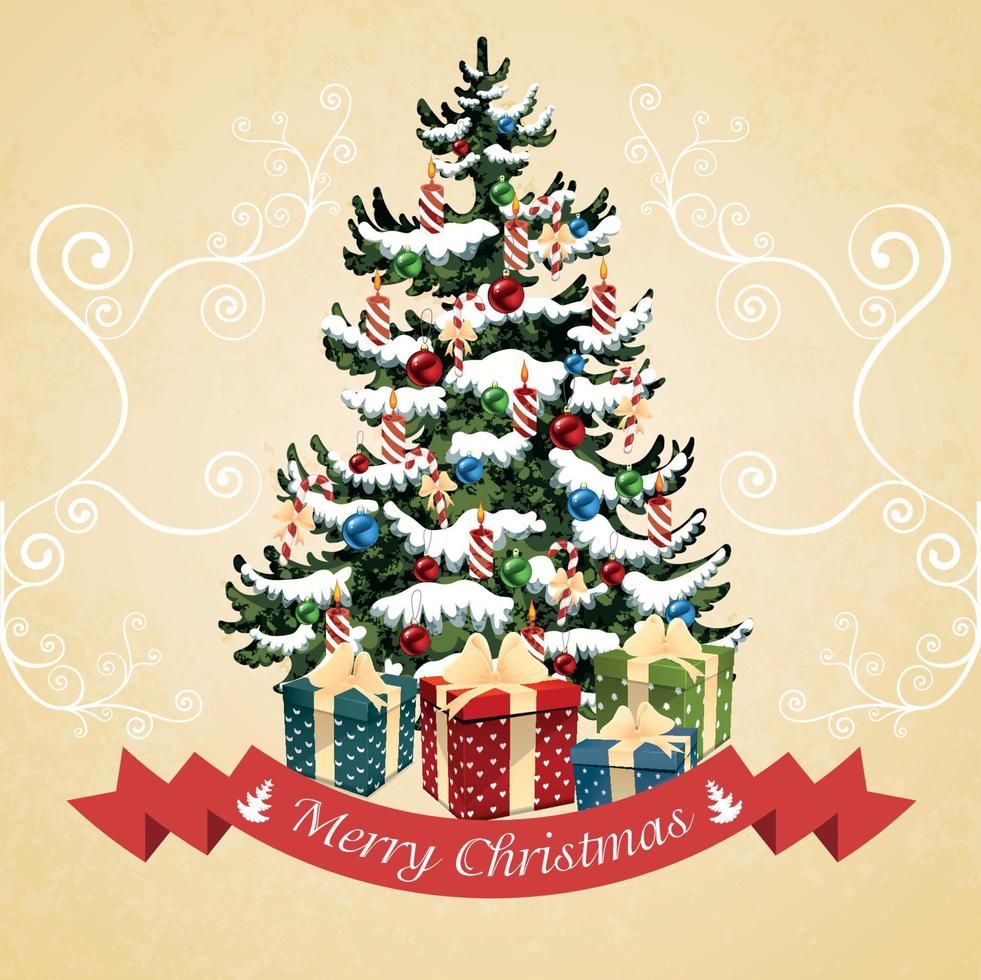 Weihnachten Baum mit Bälle, Süssigkeit, Geschenke und Kerzen. Weihnachten Karte Vektor Illustration.