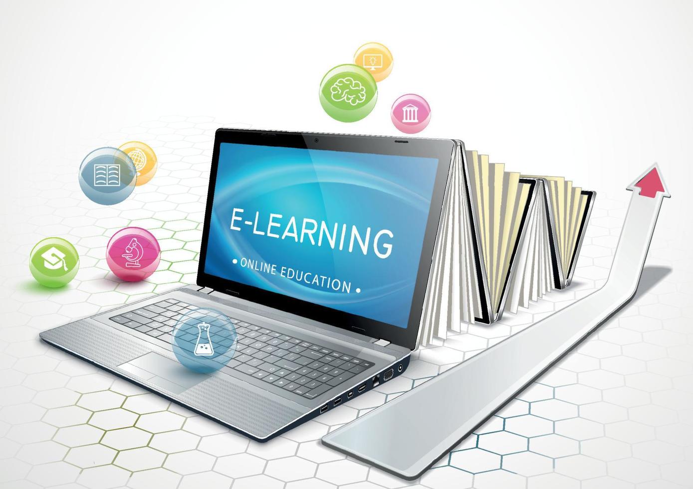 das Konzept von E-Learning. Bildung online. Laptop wie ein E-Book. bekommen ein Bildung. Vektor Illustration.
