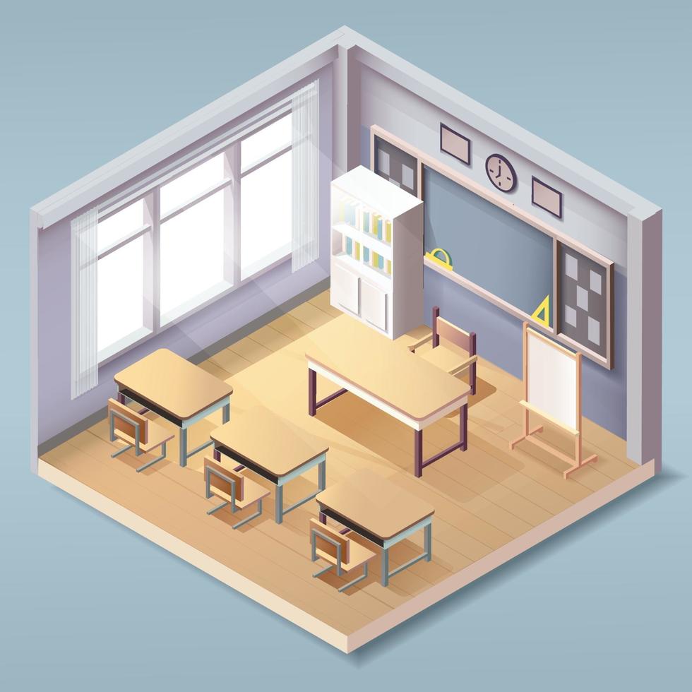 isometrische schöne leere Klassenzimmer Interieur, Schule oder College-Klasse vektor