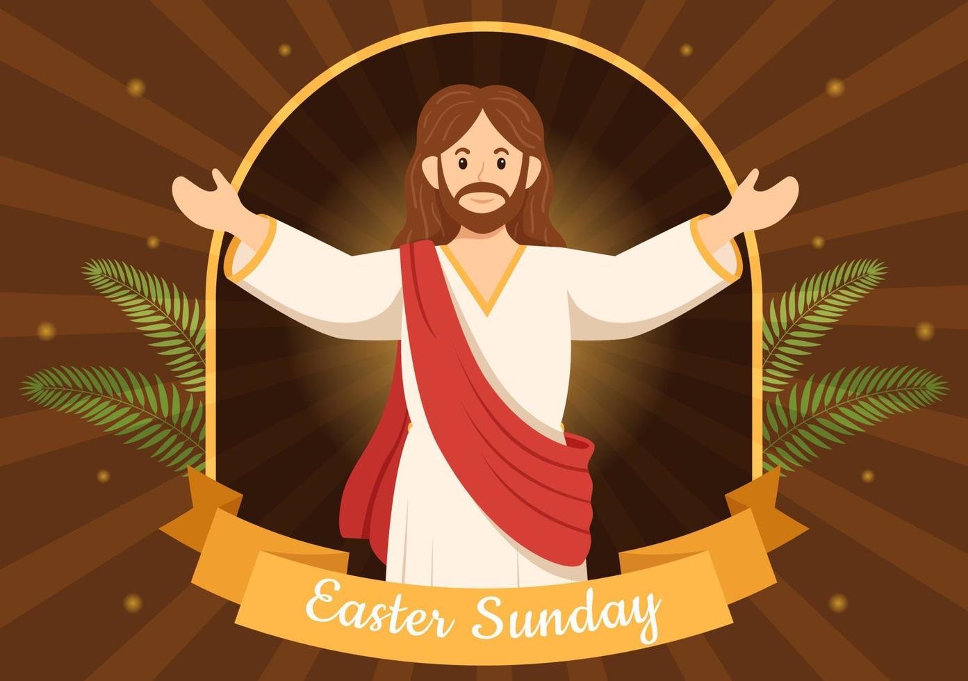 Lycklig påsk söndag dag illustration med Jesus, han är stigit och firande av uppståndelse för webb baner eller landning sida i hand dragen mallar vektor