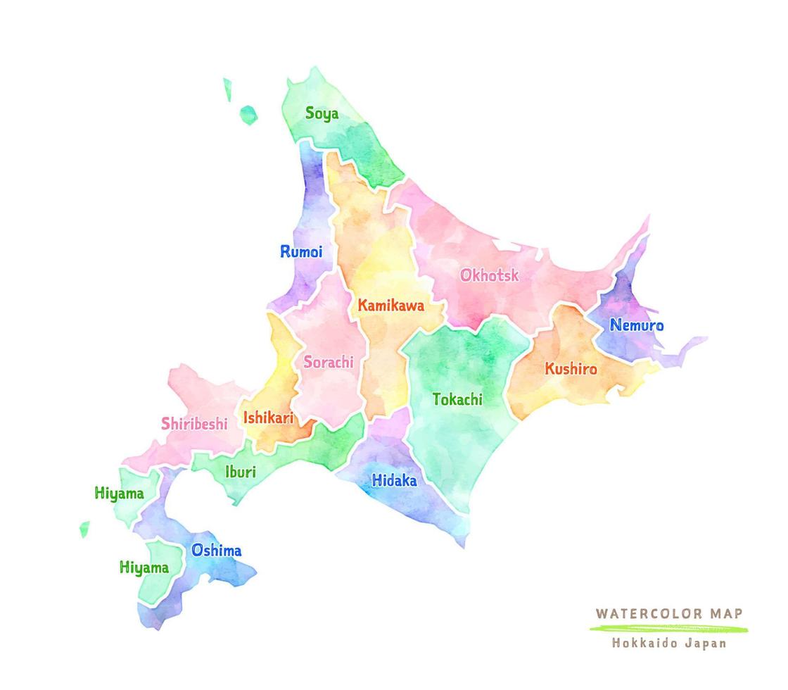 vattenfärg Kartor av Japan, hokkaido vektor