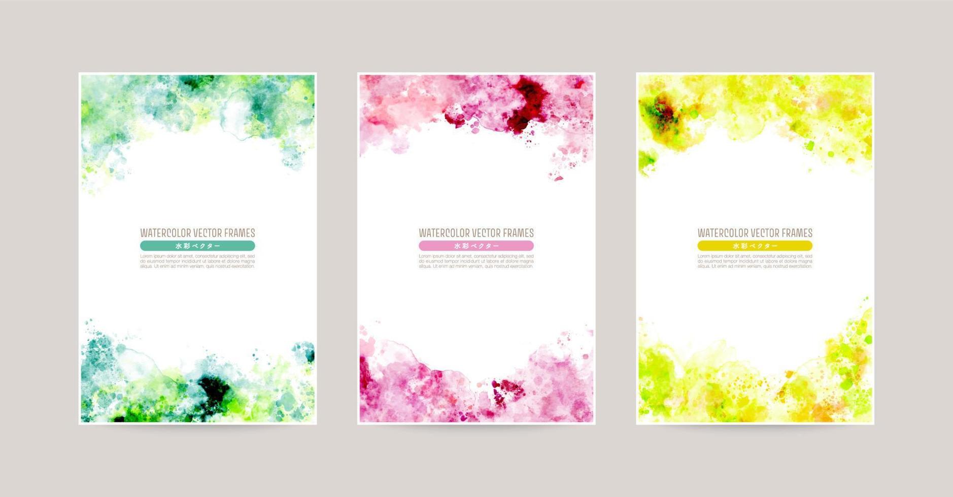 bunt Aquarell Spritzen Vektor Hintergrund Satz. Karte zum Grüße, Einladung, Hochzeit, Grün, lila, Gelb