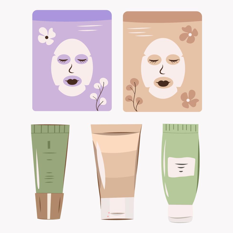 hudvård Produkter organisk kosmetika, kvinna hudvård rutin- ikon uppsättning. naturlig organisk kosmetika för hud i färgrik flaskor, rör, burkar vektor platt illustration