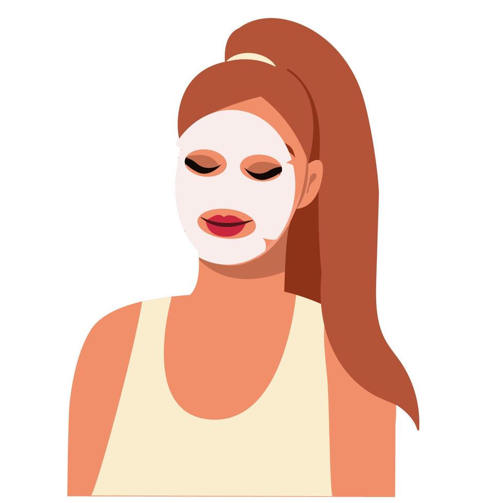 Frau mit ein Pflege Maske auf ihr Gesicht. Behandlung von Falten, Pickel, Taschen unter das Augen. Spa Behandlungen beim heim. Vektor Illustration