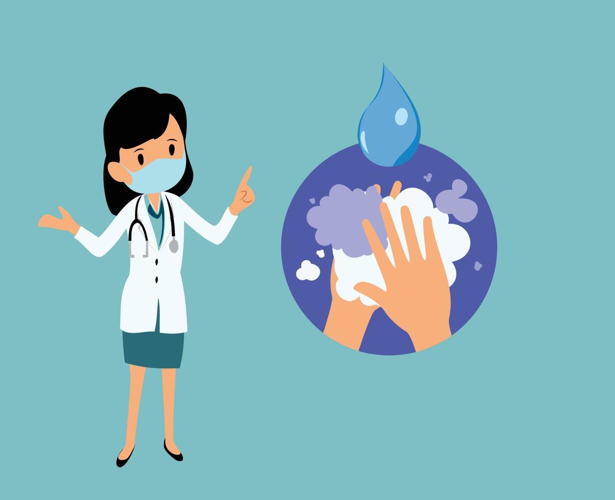 tecknad serie kvinna läkare rekommenderar till tvätta händer vektor