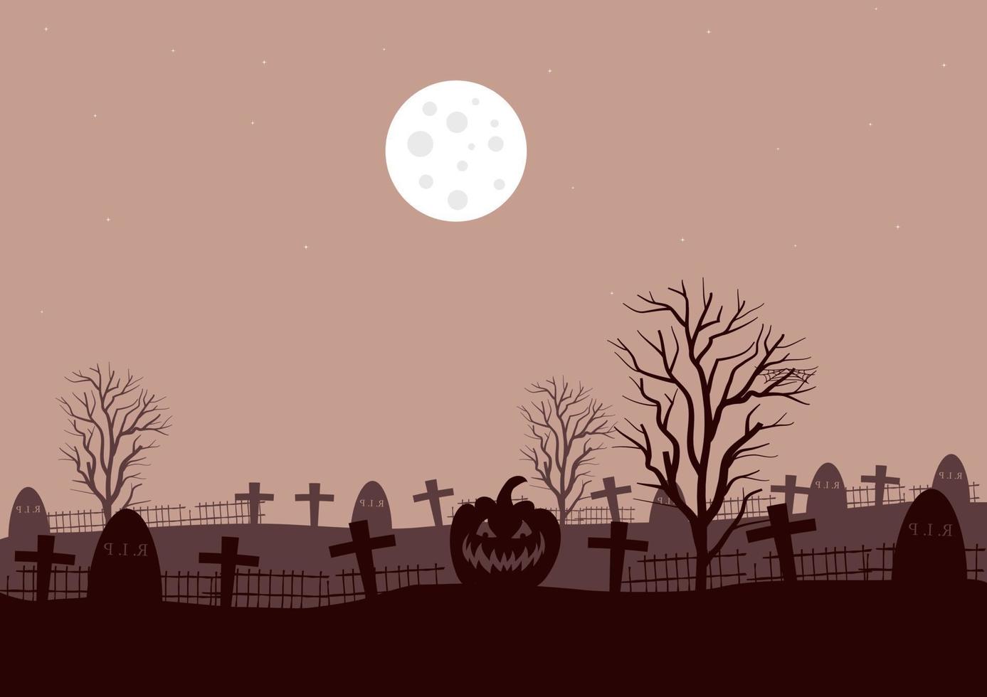 Grusel Friedhof Landschaft beim Nacht mit ein voll Mond, Vektor Illustration.