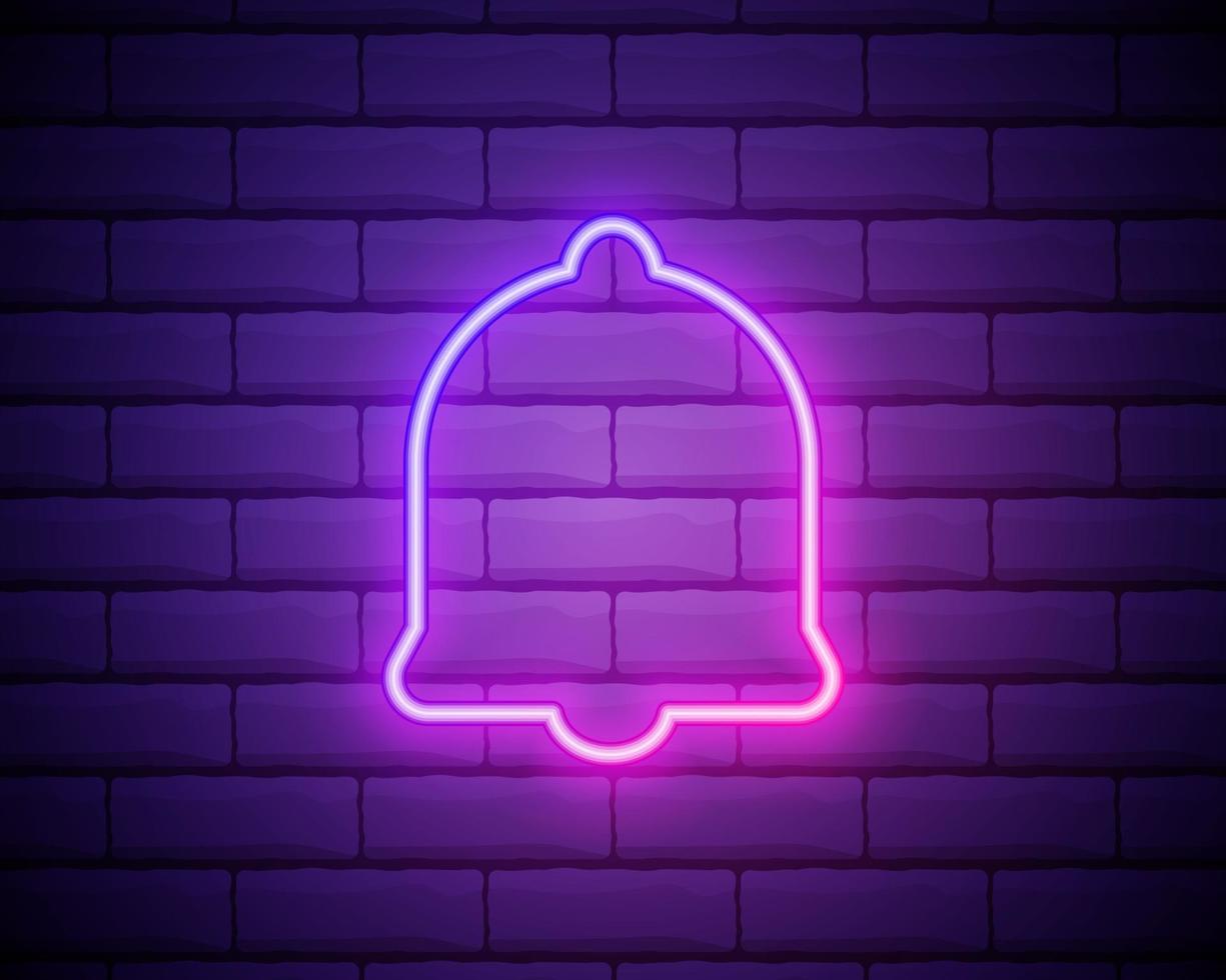 Glocke mit Bogenleuchtreklame. Designelement für Urlaub und Feier. Nacht helle Leuchtreklame, bunte Plakatwand, Lichtfahne. Vektorillustration im Neonstil. vektor