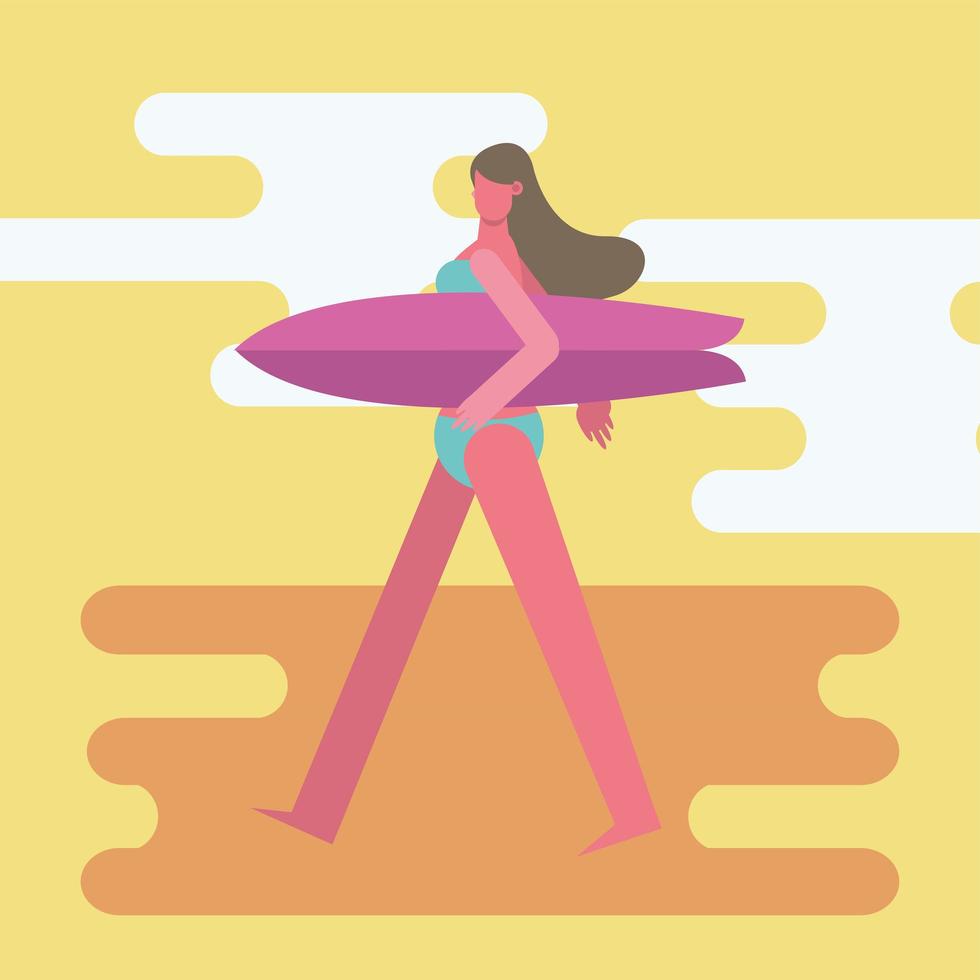 junge Frau, die einen Badeanzug trägt und mit einem Surfbrett geht vektor