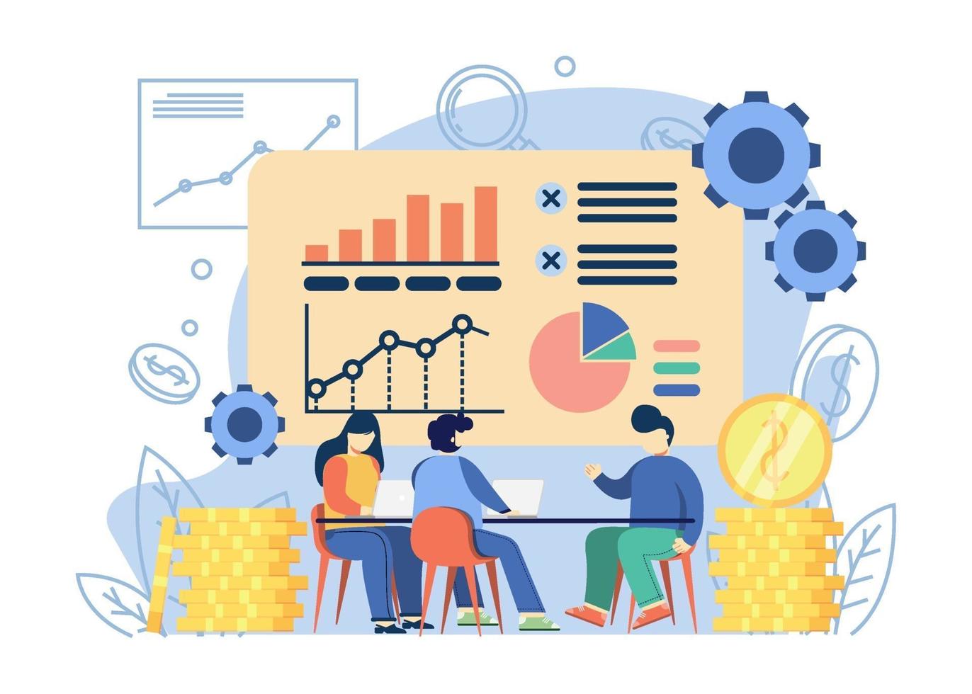 affärsstrategikoncept. människor diskuterar affärsstrategi med chatt och diagram. affärsidé, strategi och lösning, problemlösning, beslutsfattande. grafisk design för webb, mobilappar, banner. vektor