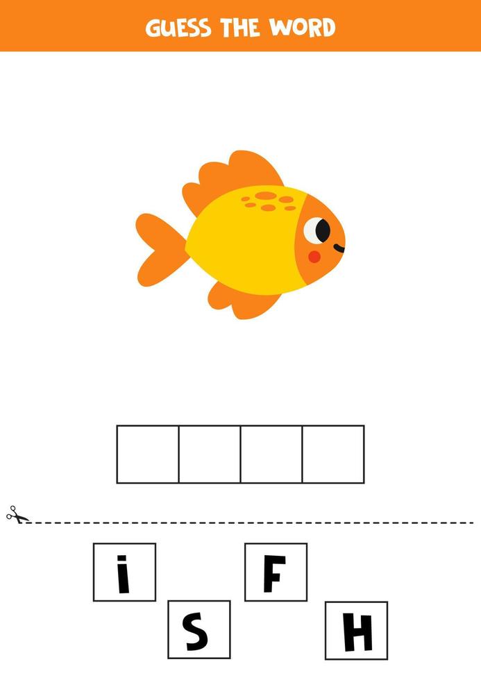 stavning spel för förskola ungar. söt tecknad serie gul fisk. vektor