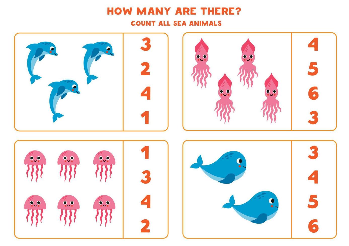Zählen Spiel mit süß Meer Tiere. lehrreich Arbeitsblatt. vektor
