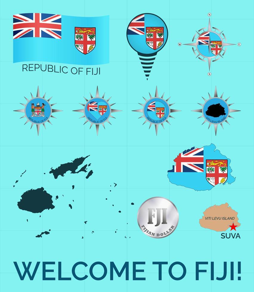 einstellen von Vektor Symbole mit Fidschi Flagge, Umriss, Mantel von Waffen und Dollar. herzlich willkommen zu fidschi. Reise Konzept.