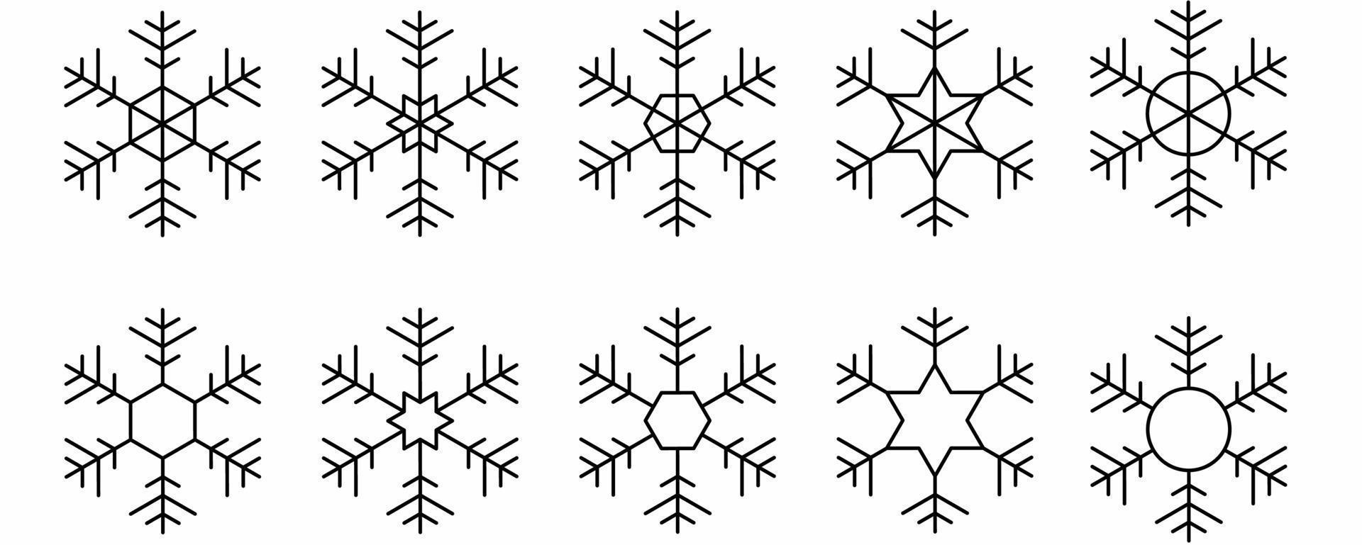 Gliederung Schneeflocken Symbol einstellen isoliert auf Weiß Hintergrund vektor