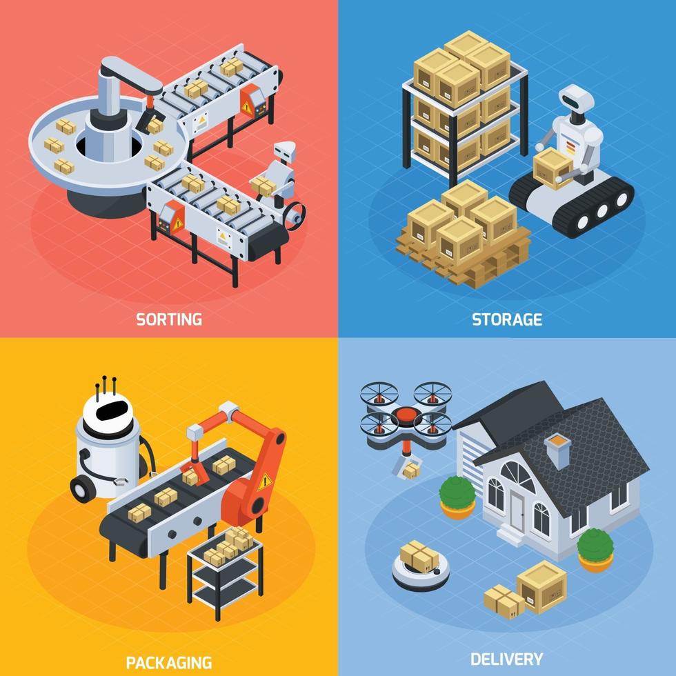 automatische Logistik und Lieferung isometrisch 2x2 vektor