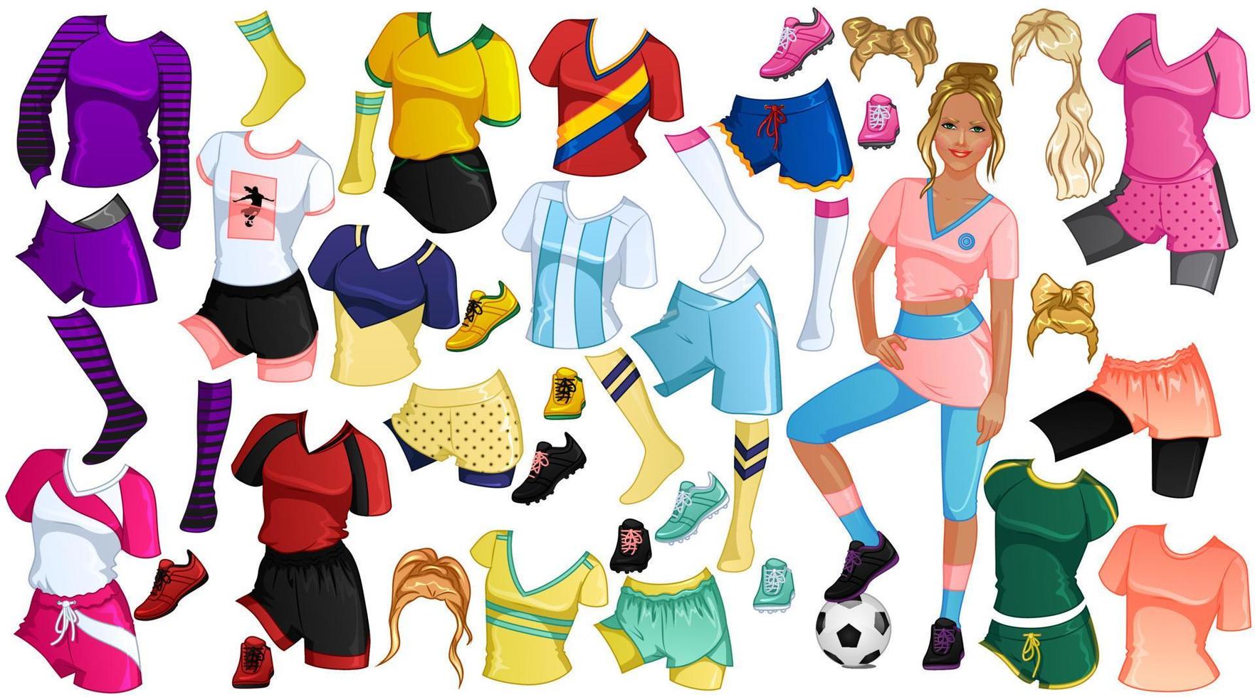 fotboll papper docka med skön kvinna, kläder, frisyrer och Tillbehör. vektor illustration