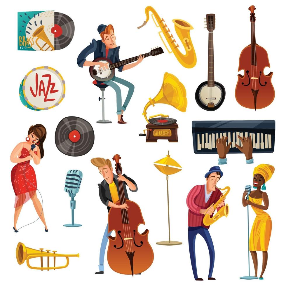 Jazz Musik Cartoon Set vektor