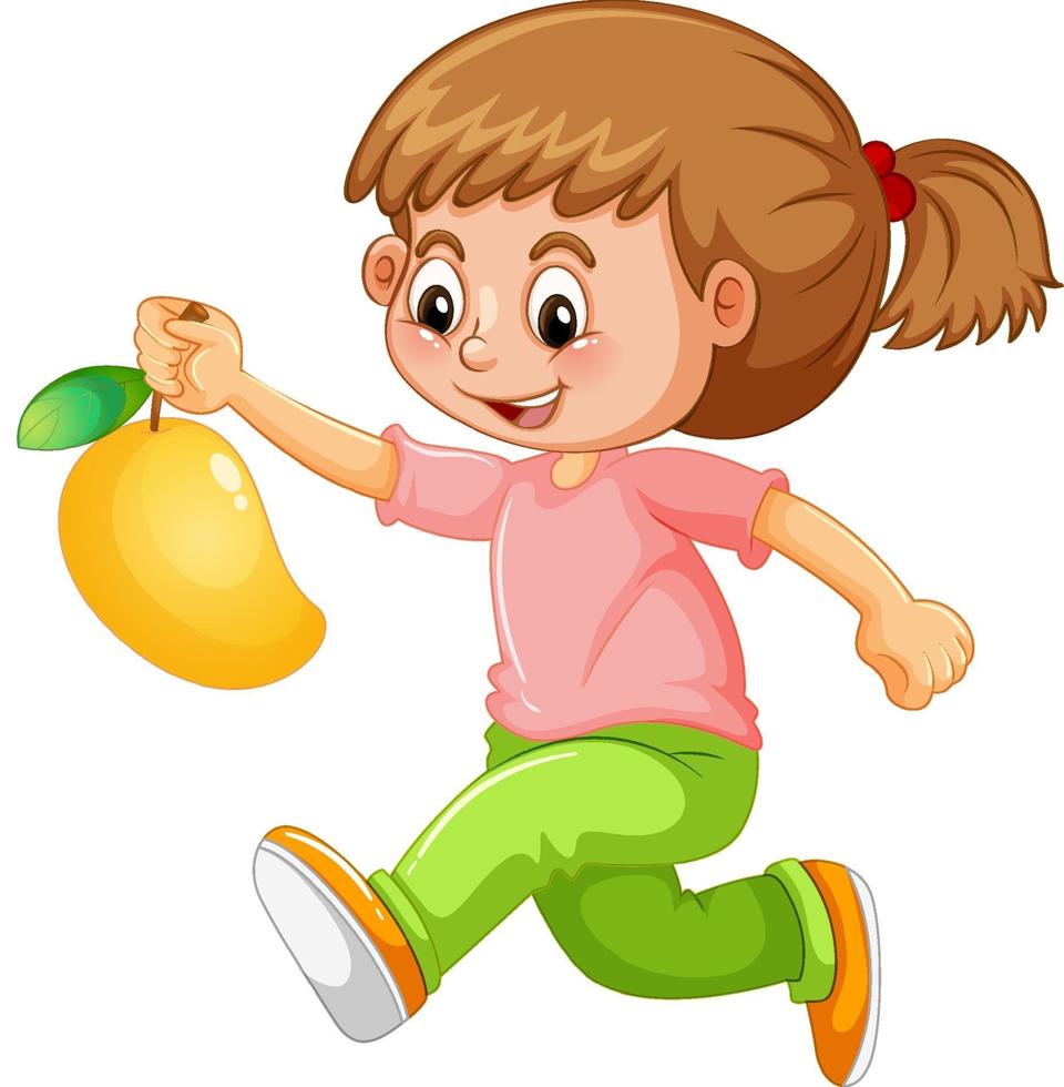 ein Mädchen, das Mangofruchtkarikaturfigur lokalisiert auf weißem Hintergrund hält vektor