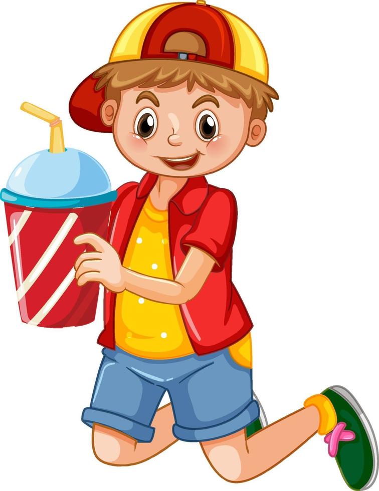 glückliche junge Zeichentrickfigur, die einen Getränkeplastikbecher hält vektor