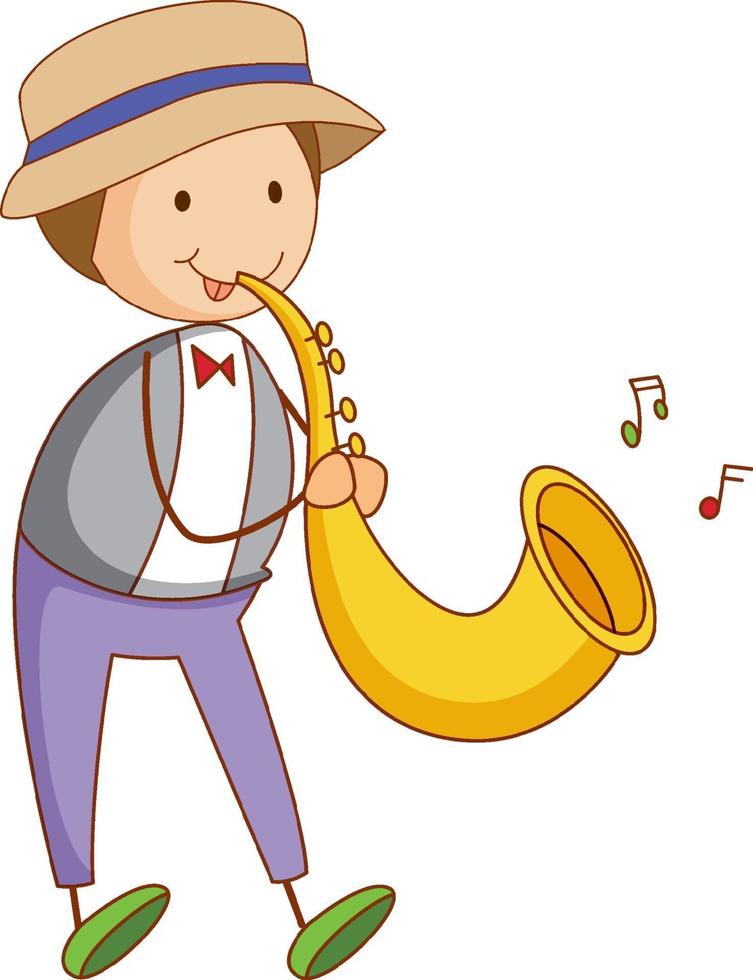 ein Gekritzelkind, das Saxophon-Zeichentrickfigur isoliert spielt vektor