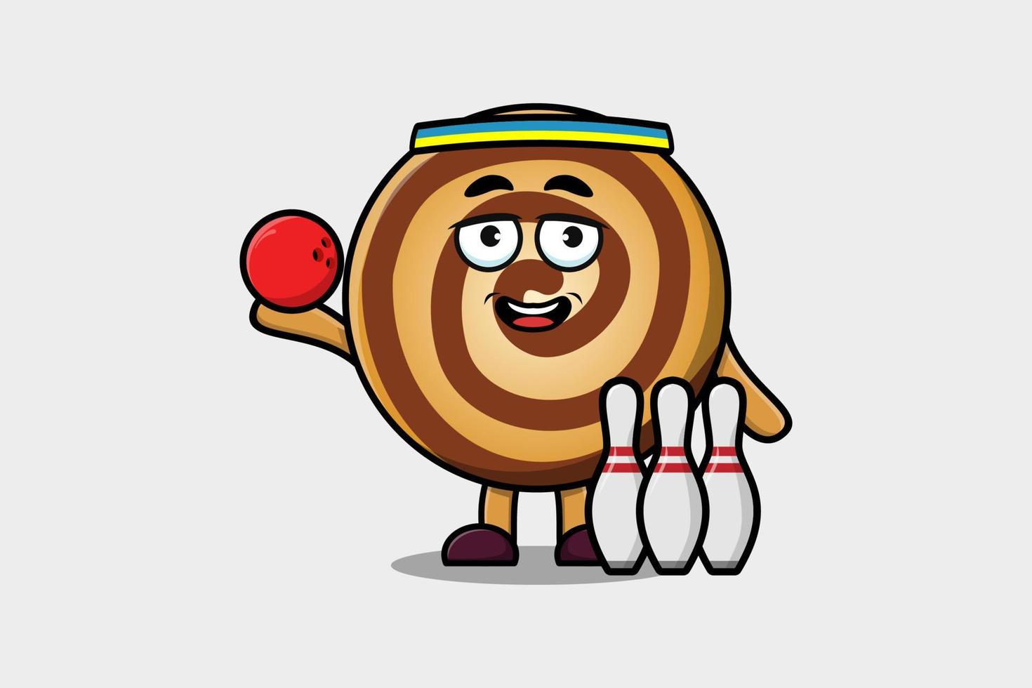 niedliche kekse zeichentrickfigur, die bowling spielt vektor