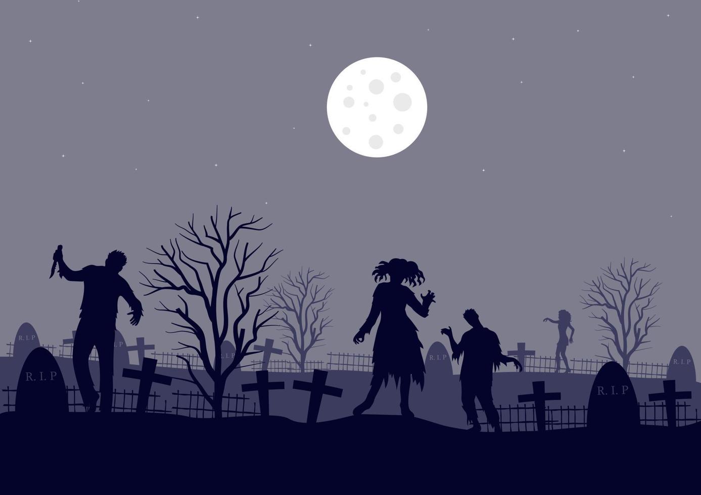 Zombies Gehen im das Friedhof beim Nacht, Vektor Illustration.