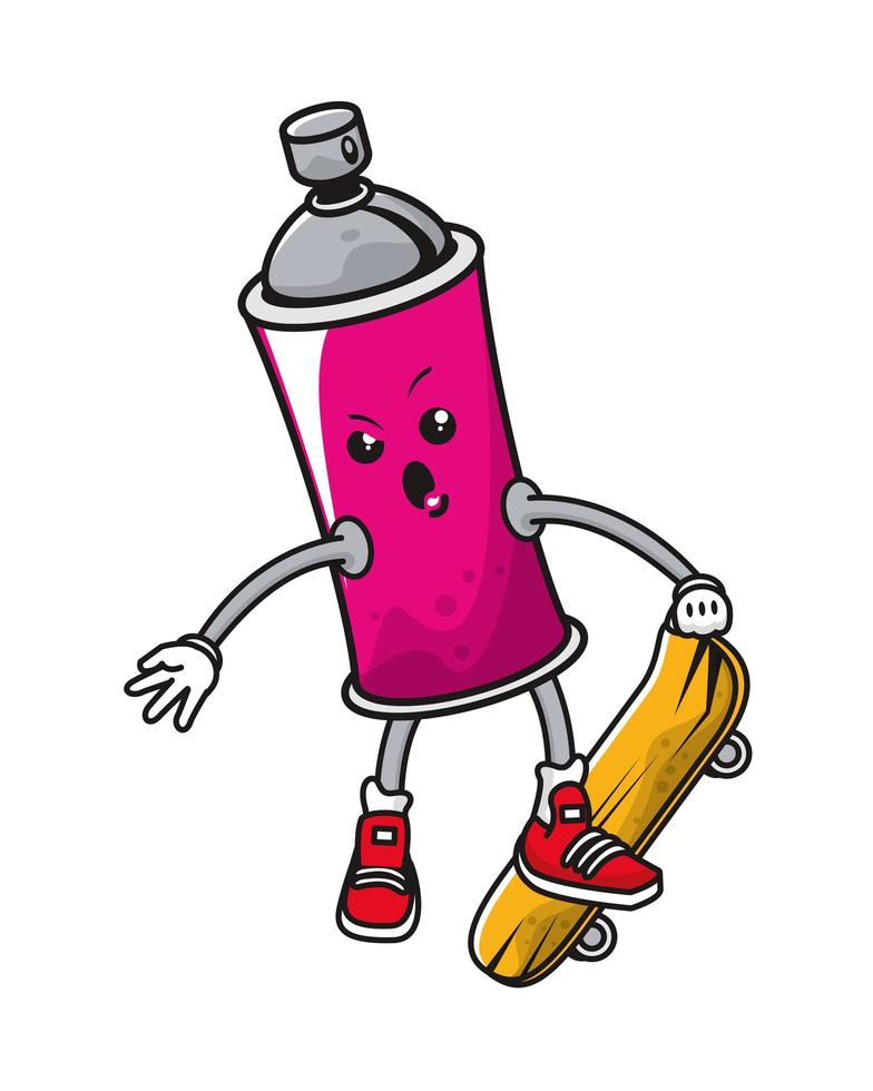 Sprühfarbe Flasche auf Skateboard-Comicfigur vektor