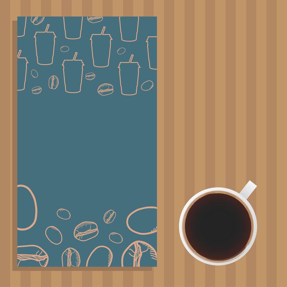 Kaffeetasse und blaues Plakat mit Bechern und Bohnen Vektorentwurf vektor
