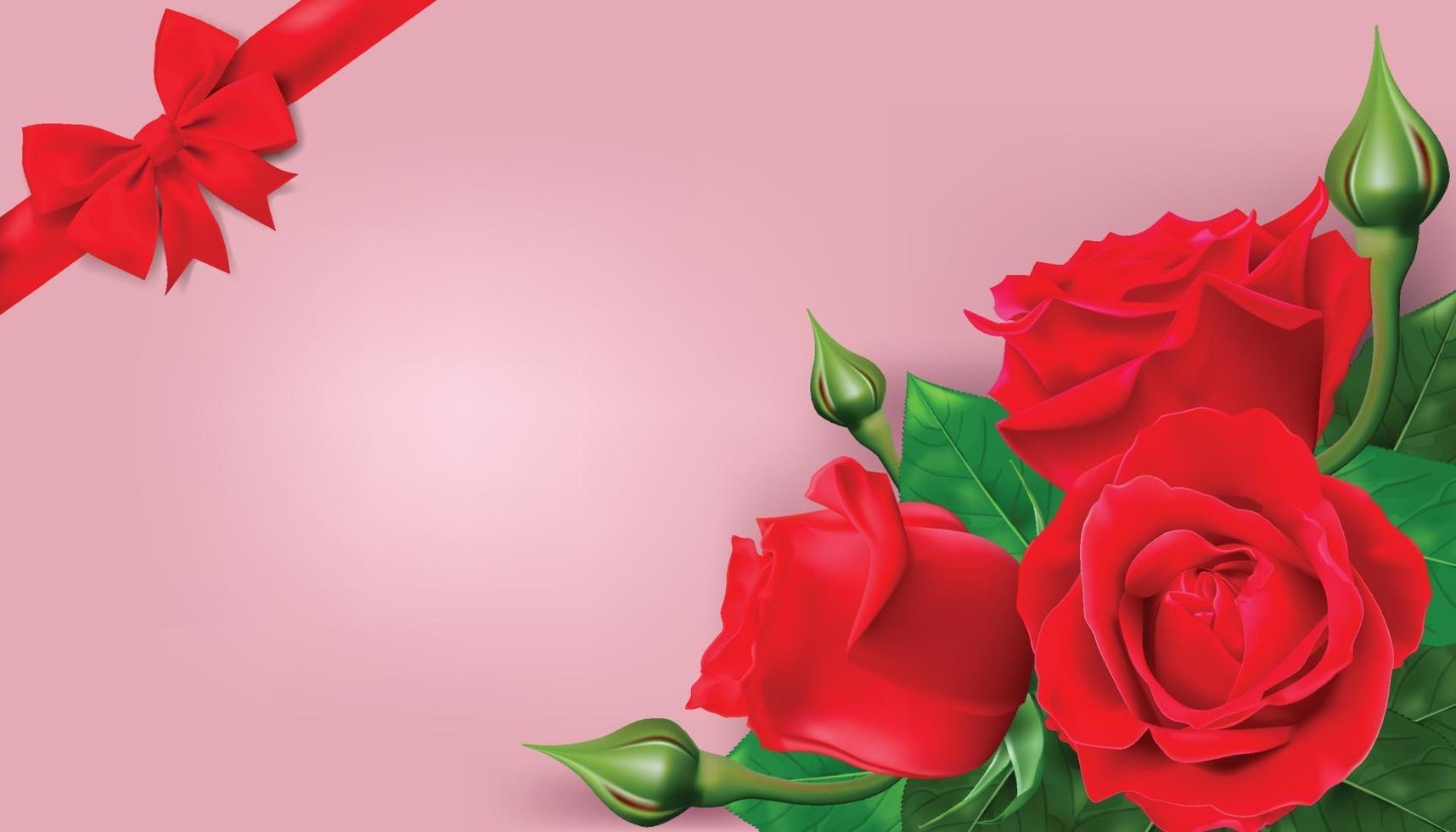 fröhlichen Valentinstag. Grußkarte mit realistischer roter Rose auf rosa Hintergrund, Entwurf für Druckkarten, Fahne, Plakat. vektor