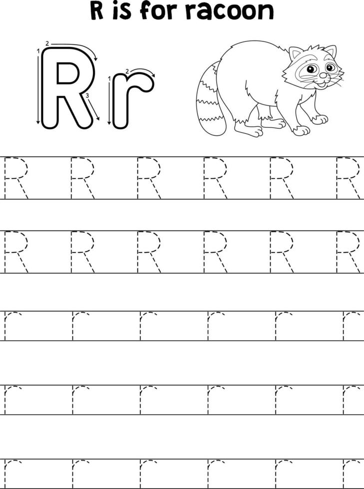 Waschbär Tier Rückverfolgung Brief ABC Färbung Seite r vektor