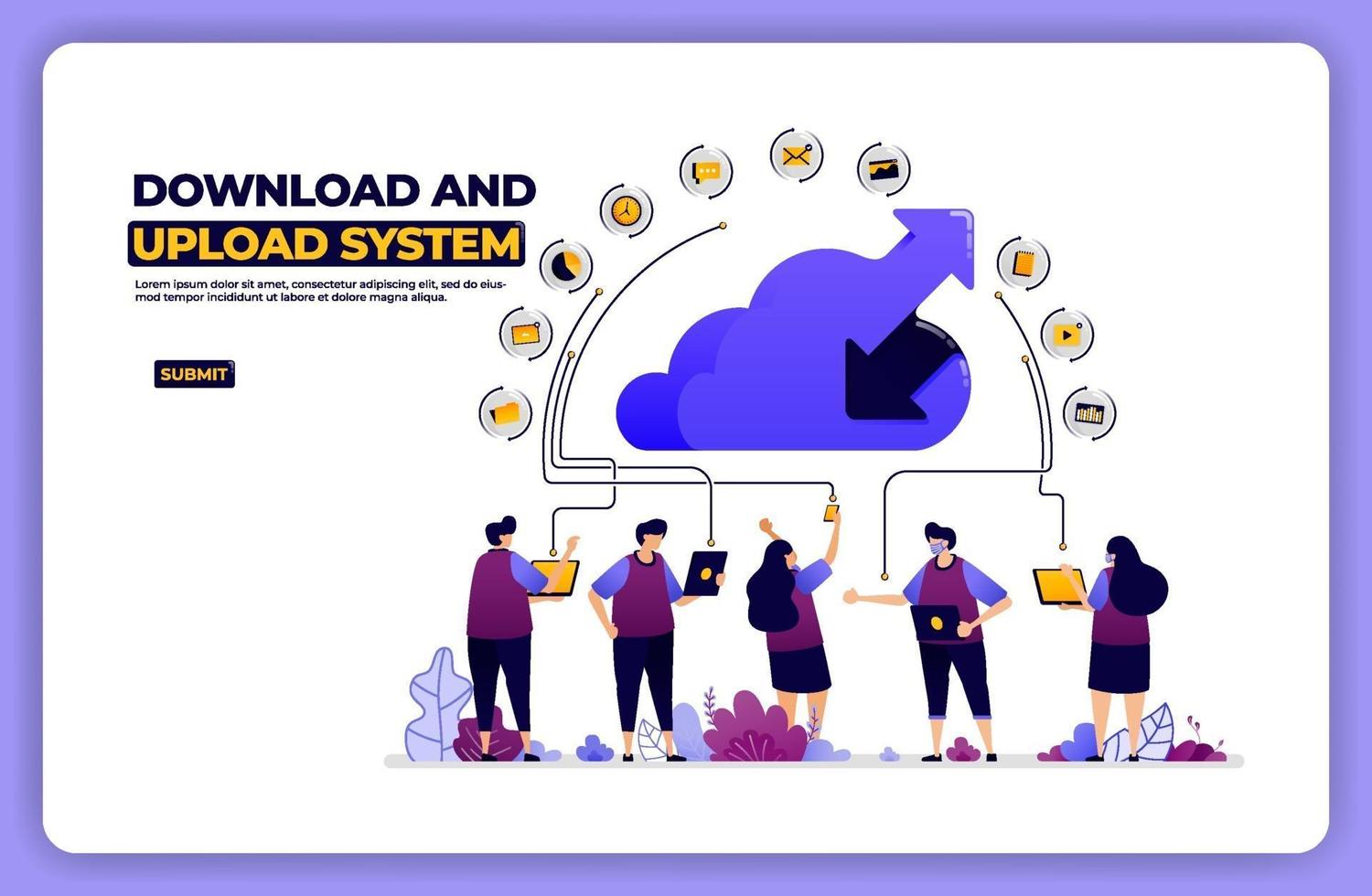 Banner Illustration des Download- und Upload-Systems. Cloud-Netzwerkfreigabeaktivität. Entwickelt für Zielseite, Banner, Website, Web, Poster, mobile Apps, Homepage, soziale Medien, Flyer, Broschüre, UIux vektor