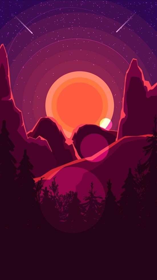 landskap med solnedgång bakom bergen, skogen och stjärnhimlen i lila toner. vektor