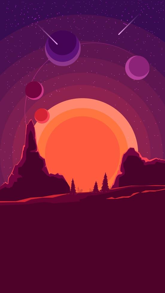 Weltraumlandschaft mit Sonnenuntergang in lila, Natur auf einem anderen Planeten. vektor