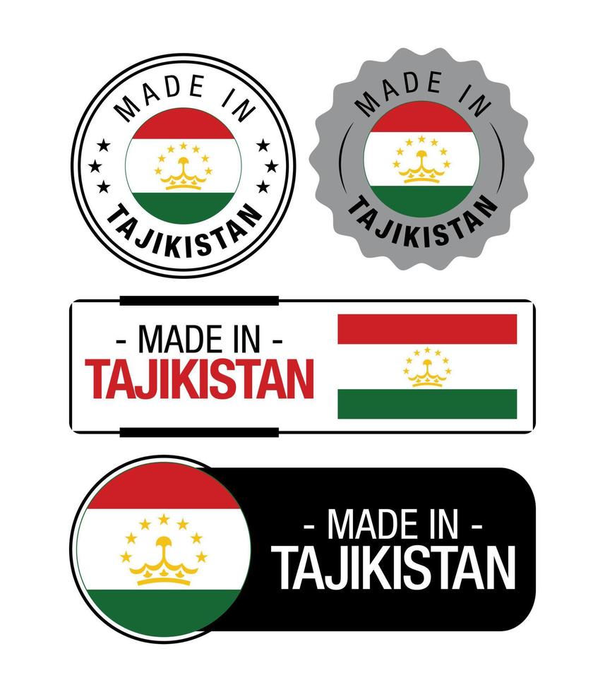 einstellen von gemacht im Tadschikistan Etiketten, Logo, Tadschikistan Flagge, Tadschikistan Produkt Emblem vektor