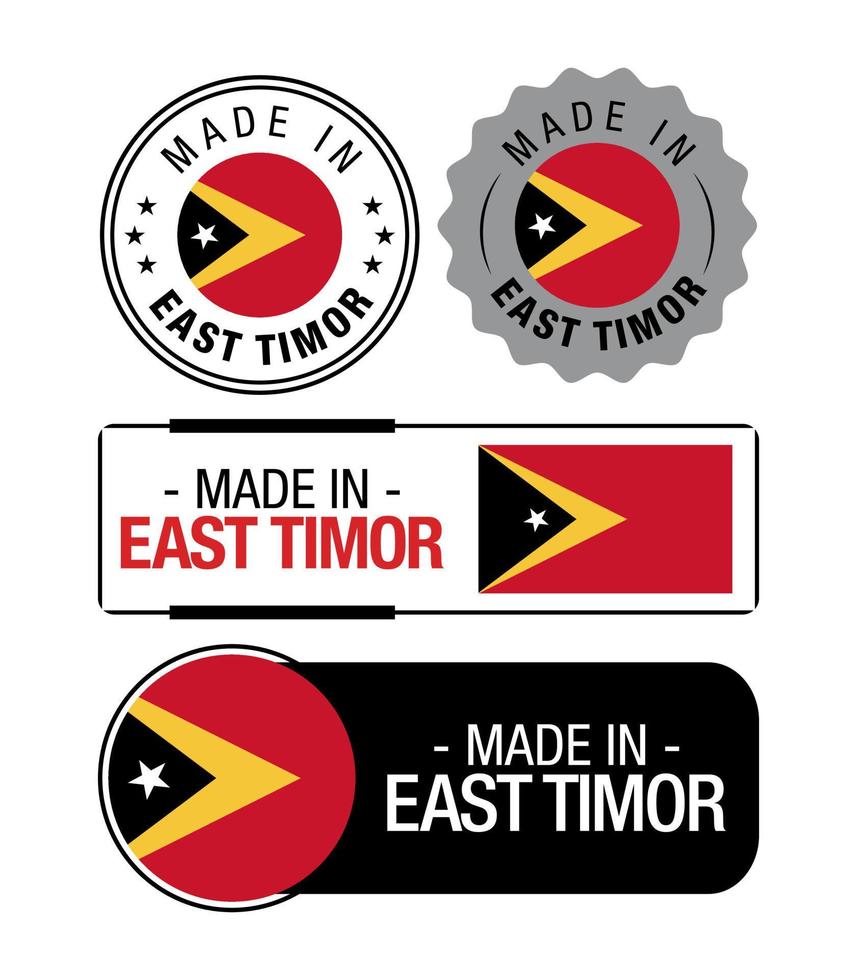 uppsättning av tillverkad i öst timor etiketter, logotyp, öst timor flagga, öst timor produkt emblem vektor