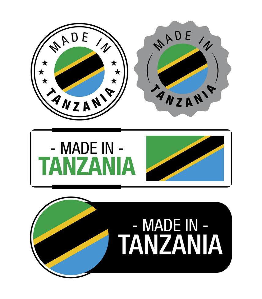 uppsättning av tillverkad i tanzania etiketter, logotyp, tanzania flagga, tanzania produkt emblem vektor