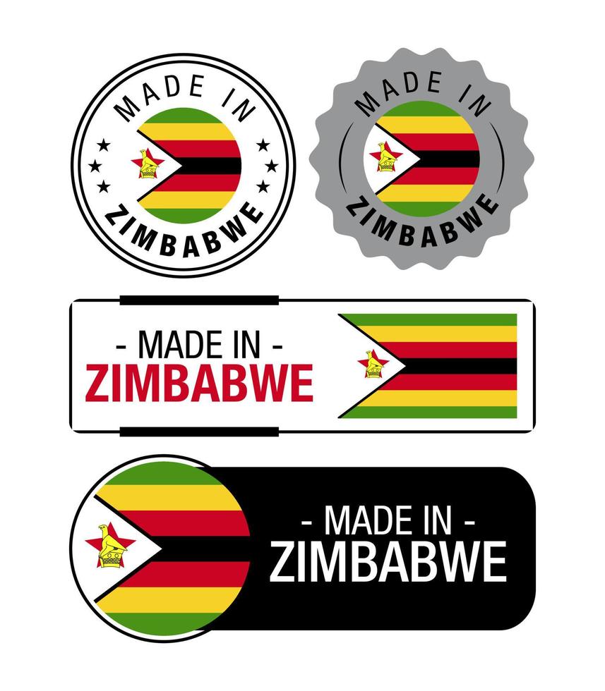 uppsättning av tillverkad i zimbabwe etiketter, logotyp, zimbabwe flagga, zimbabwe produkt emblem vektor